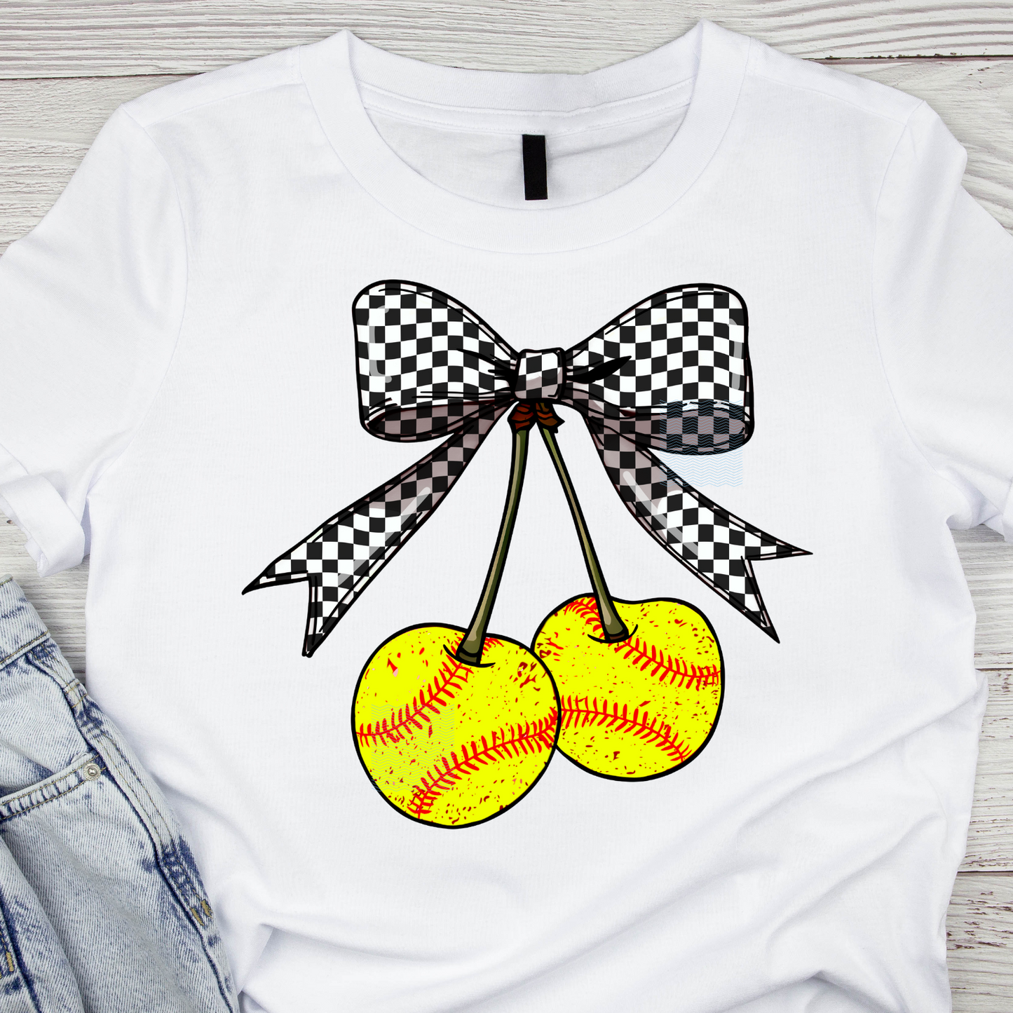 Softball Cherries With Checkered Bow Design