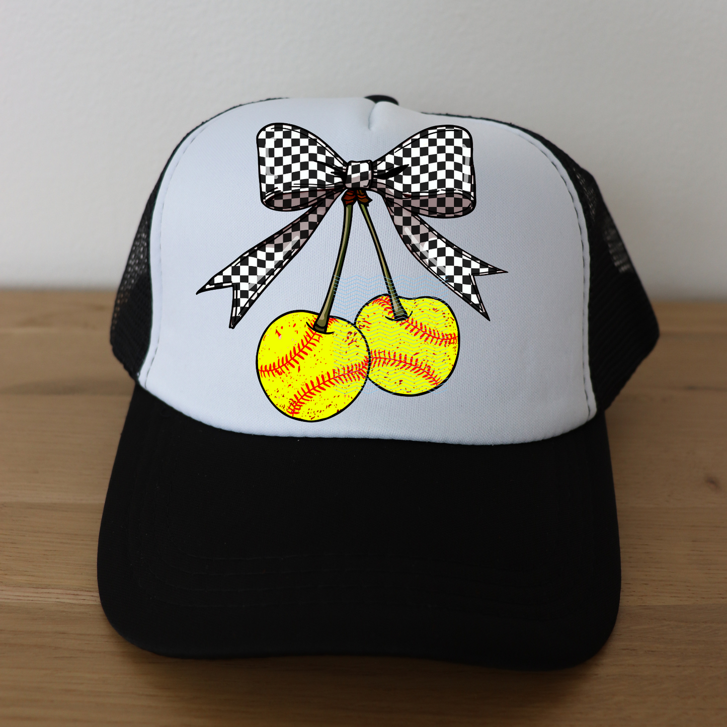 Softball Cherries Checkered Bow Trucker Hat