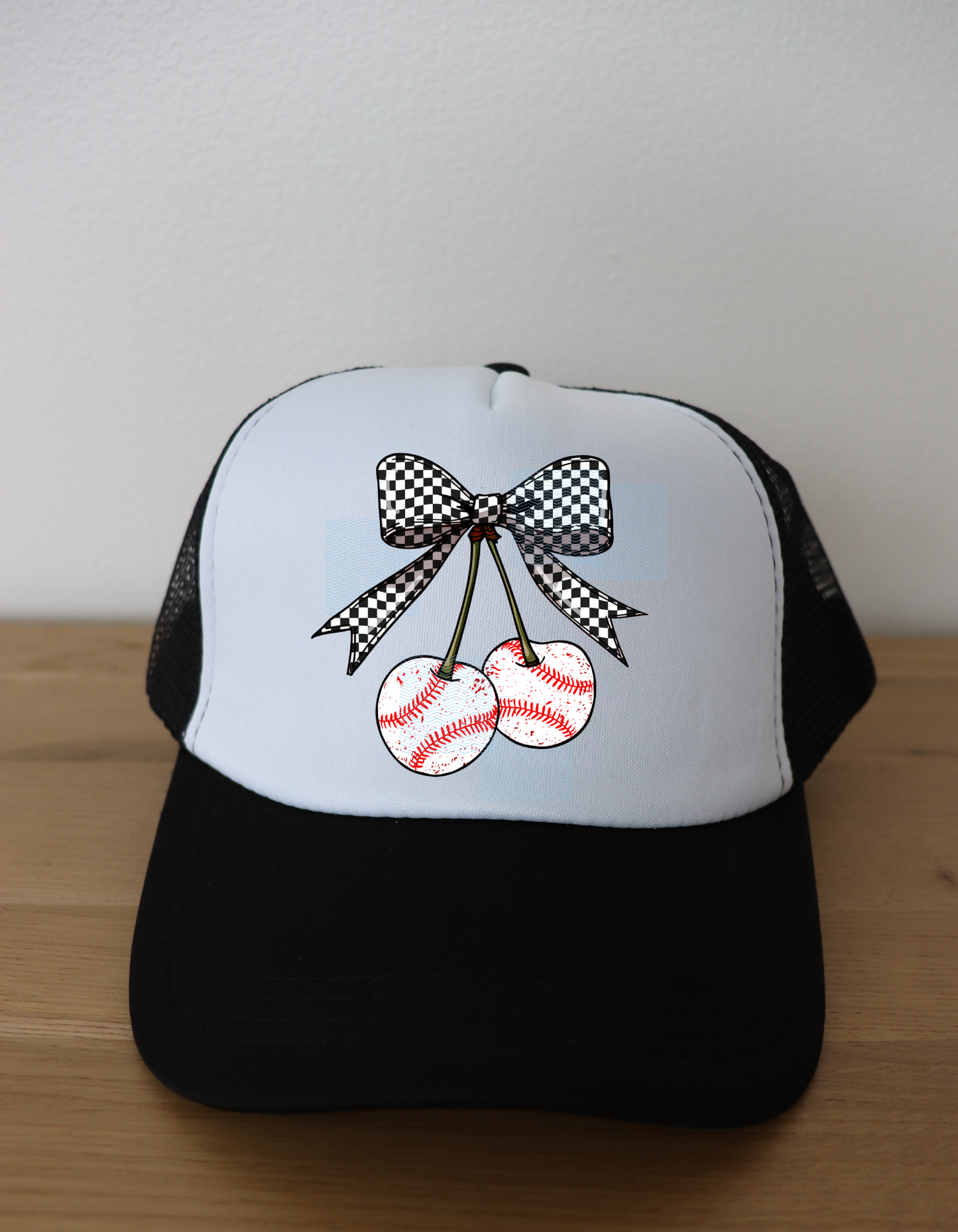 Baseball Cherries Checkered Bow Trucker Hat
