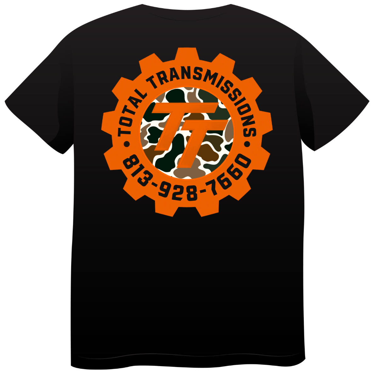 Total Transmissions Orange & Camo Logo T Shirt CHILDRENS